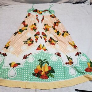 Caroline Costas Green White Fruit Print Milkmaid Linen‎ Cottagecore Maxi Dress L